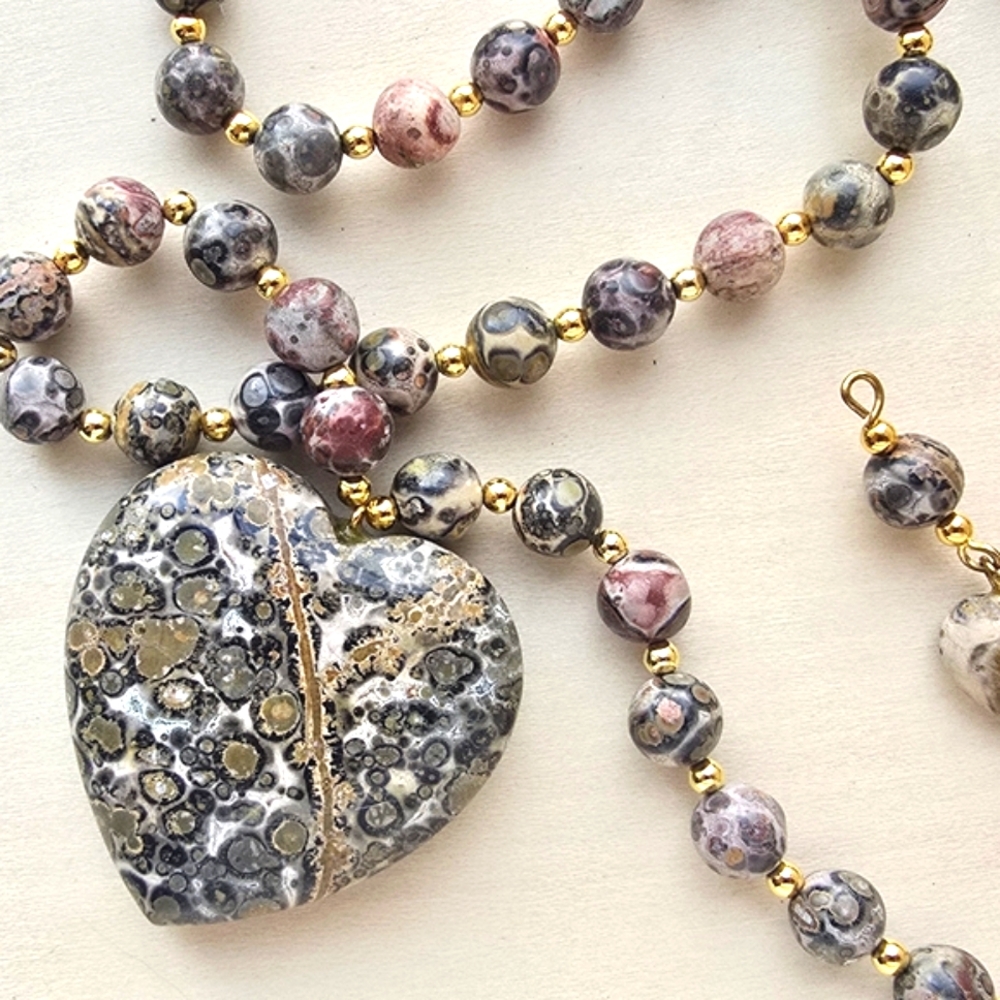Vintage Leopard Jasper Heart Shaped Necklace and Earrings
